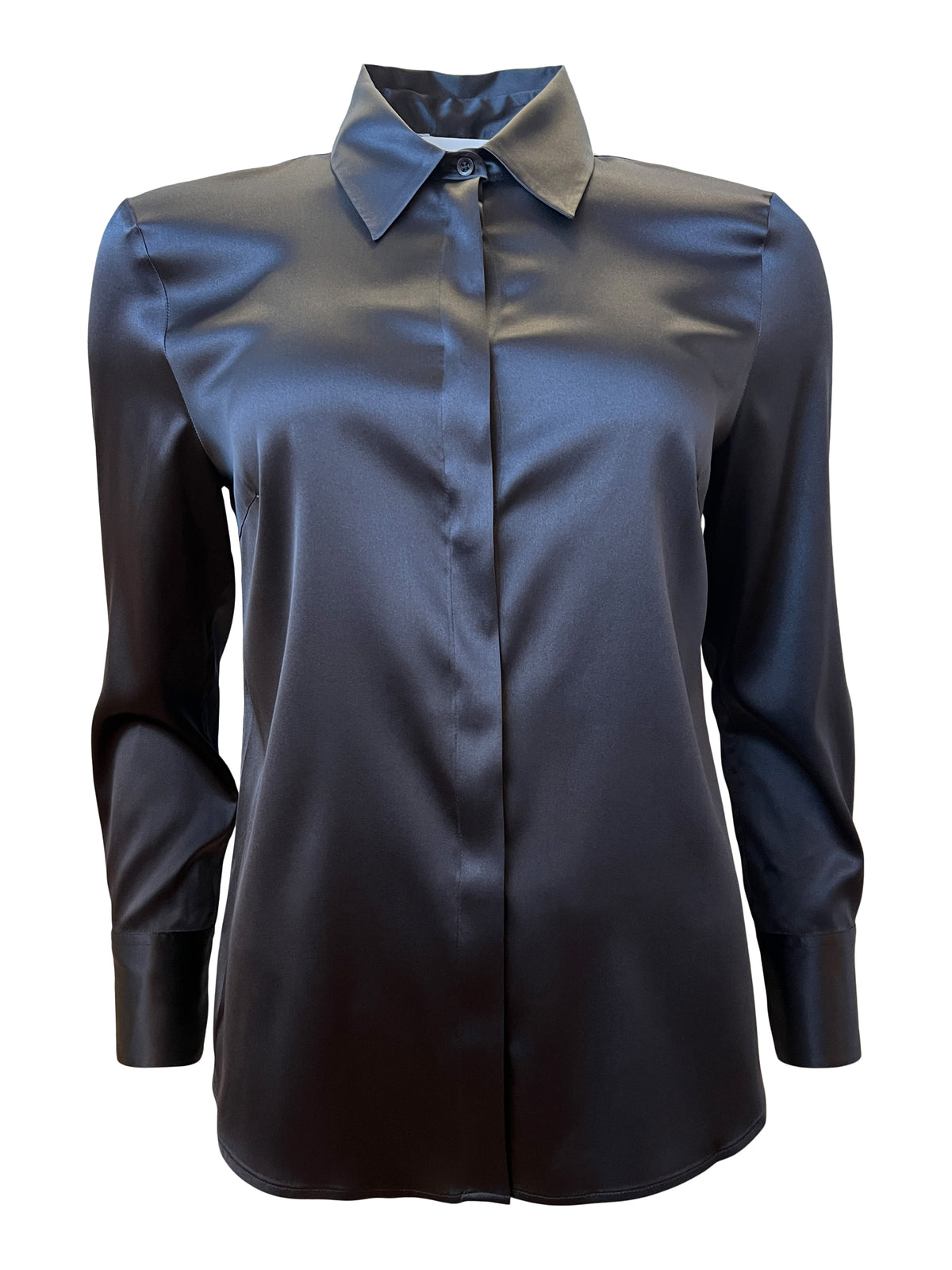 Classic Silk Stretch Satin Blouse in Navy Blue with Shoulder Detail ...